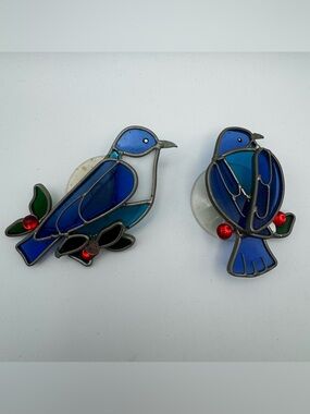 Pair Handmade Stained Glass Bluebird Window Suncatchers w/ Suction Cups BlueBird